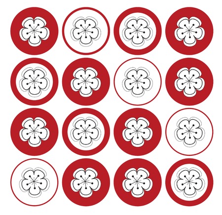 white cherry blossoms on red dots - illustrated pattern background art graphics