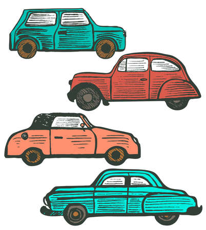 かわいいカラフルな手描きテクスチャ レトロな車のベクトルを設定 のイラスト素材 ベクタ Image