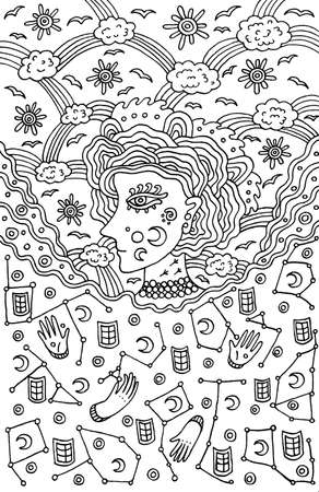 おとぎ話シュールな女の子の肖像画 髪と幻想的な帽子を持つ落書き女性の頭 ベクターの図 のイラスト素材 ベクタ Image