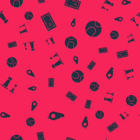 Set whistle, billiard table, chess and tennis ball on seamless pattern. vector