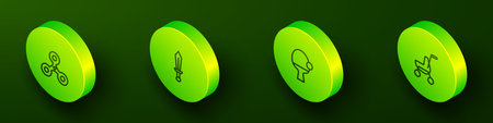 Set isometric line fidget spinner, sword toy, racket and ball and baby stroller icon. vector