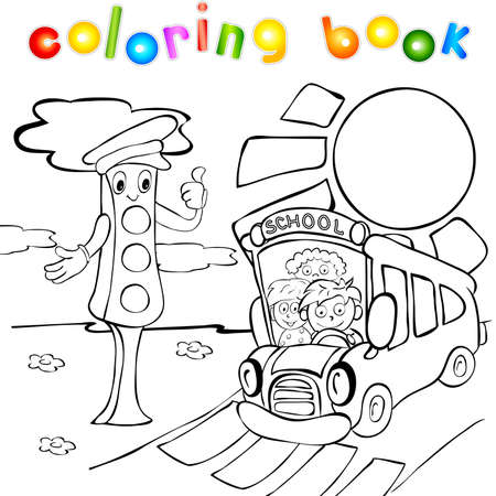 School Bus With Children And Traffic Lights Funny Vector Illustration For Kids Coloring Book
