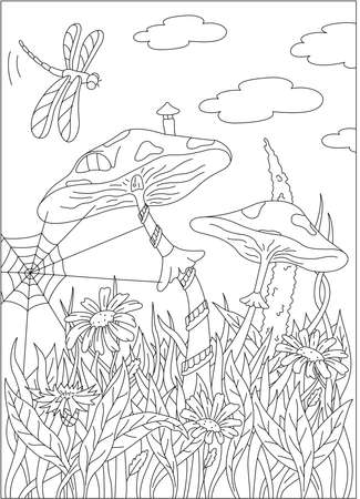 漫画草森のキノコの家 空にトンボ 塗り絵 のイラスト素材 ベクタ Image 漫画草森のキノコの家 空にトンボ 塗り絵 のイラスト素材 ベクタ Image