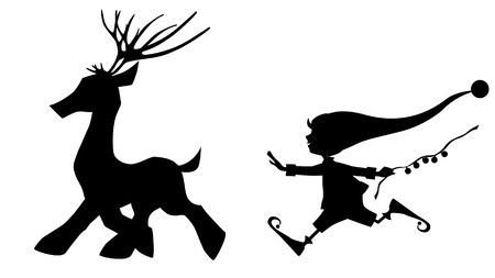 black silhouette running deer and cute christmas elf on white illustration - Christmas Images Black And White black silhouette running deer and cute christmas elf on white illustration - Christmas Images Black And White