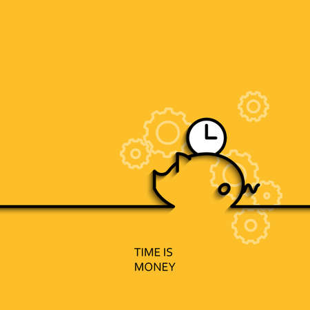 時間の絵と直線的なスタイルのベクトル ビジネス イラストは Piggybank と黄色の背景のポスターまたはバナーのテンプレートの時計としてお金です のイラスト素材 ベクタ Image