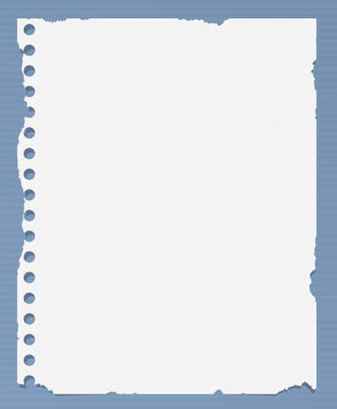 ripped white blank notebook paper is on striped blue table surface