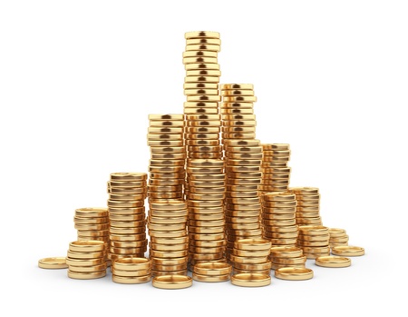 Gold coin: Đồng xu vàng Heap 3D. Khái niệm kinh doanh. Bị cô lập trên nền trắng