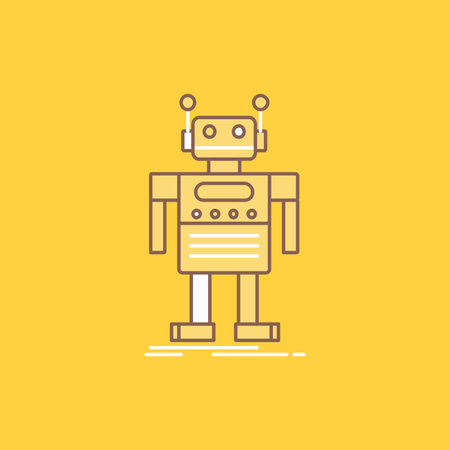 Robot android artificial bot technology flat line filled icon beautiful logo button over yellow background for ui and ux website or mobile application