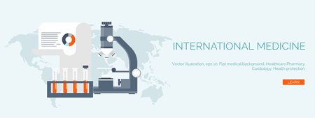Vector illustration flat medical backgrounds set health care and first aid medical research and cardiology medicine and study chemical engineering and pharmacy