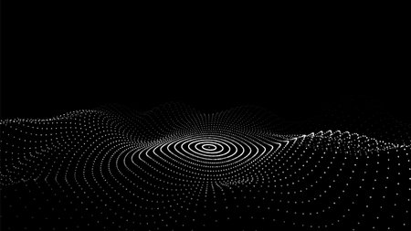 Vague de cercle futuriste. cyberespace sombre de vecteur. onde sonore de musique abstraite avec des points. particules mobiles blanches sur fond noir.