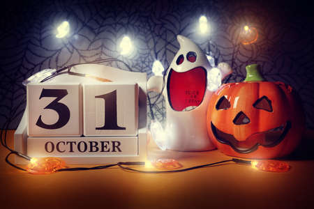 halloween calendar date 31st october with pumpkin and ghost stock photo 92880695