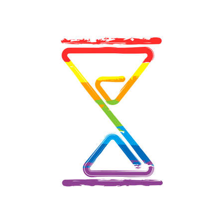hourglass, one line, outline symbol. Drawing sign with LGBT style, seven colors of rainbow (red, orange, yellow, green, blue, indigo, violet Vector Illustration