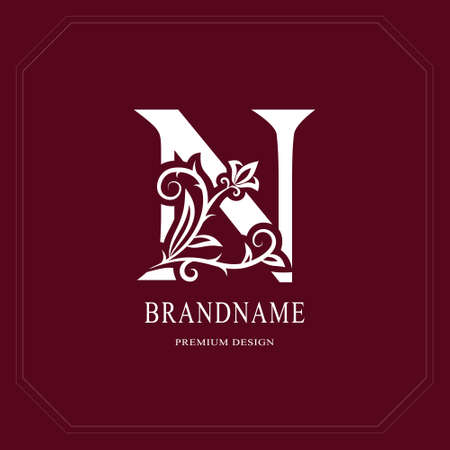 エレガントな大文字 N 優雅な花柄のスタイル カリグラフィック美しいアイコン 本のデザイン ブランド名 名刺 レストラン ブティック ホテル カフェのためのヴィンテージ描きのエンブレム ベクトルのイラスト のイラスト素材 ベクタ Image