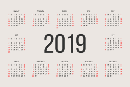 Calendar 2019 year vector design template. simple 2019 year calendar. vector circle calendar 2019. week starts from sunday and ends with saturday. font sans serif.