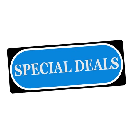 special deals white wording on blue background black frame stock