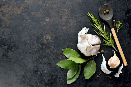 Темный фон с кулинарным деревянной ложкой вместе с чесноком, розмарином, лавровым листом, перцем и гвоздикой некоторых изображенный на ней Фото со стока - 36024452