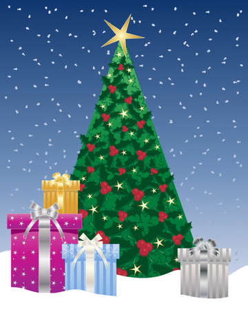 An Illustration Of A Holly Christmas Tree With Foil Wrapped Gifts Around Its Base Under An Illustration Of A Holly Christmas Tree With Foil Wrapped Gifts Around Its Base Under