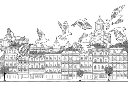 Tbilisi, Georgia - hand drawn black and white cityscape with birds Illustration