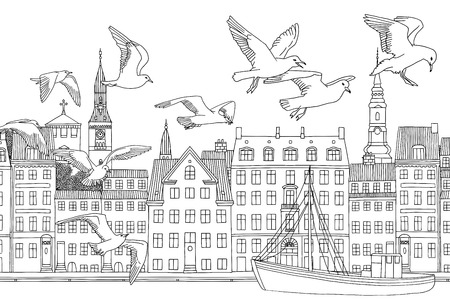 Birds over copenhagen - hand drawn black and white illustration of the city with seagulls