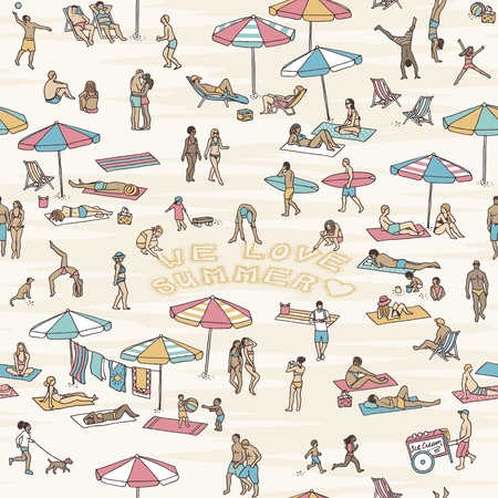Hand drawn seamless pattern with tiny people at the beach, three of them writing the words "we love summer" into the sand