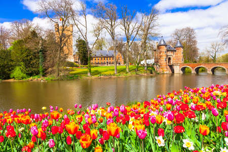 Beautiful castles of Belgium - Groot Bijgarden with blooming tulips - 53812206