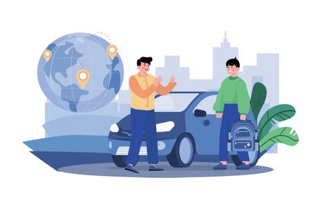 people near blue car and globe illustration clip art preview