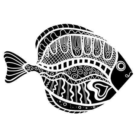 白黒の Zentangle には 魚が様式化されました 手描き落書きベクトル イラスト白い背景で隔離 入れ墨または Makhenda のためのスケッチします 海フード コレクション のイラスト素材 ベクタ Image