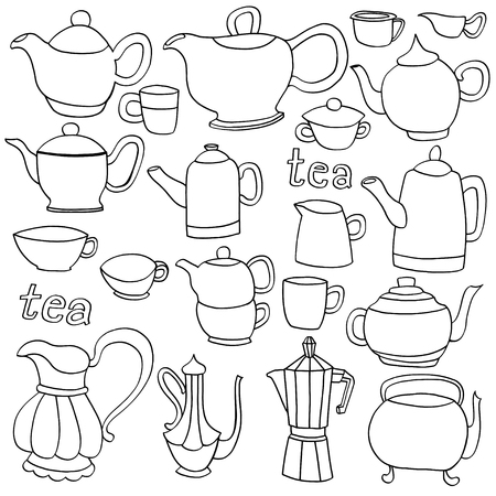 紅茶とコーヒーのオブジェクトのスケッチ インクと手書きベクトルの図 白で隔離のイラスト素材 ベクタ Image