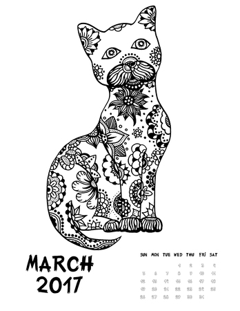 17 年 3 月のカレンダーです ライン アートの黒と白のイラスト 猫 抗ストレスの着色のページを印刷します のイラスト素材 ベクタ Image