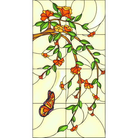 Butterfly and a branch with flowers, stained glass window