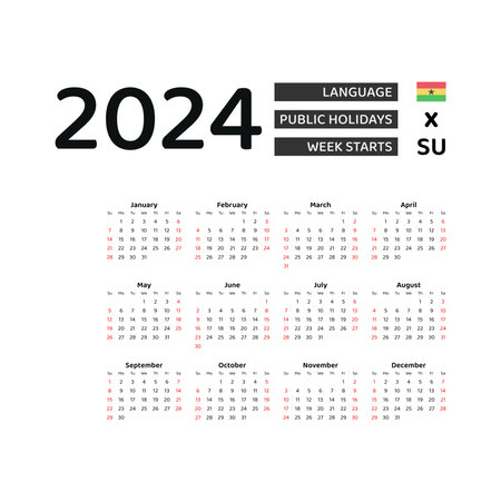 Ghana calendar 2024 week starts from sunday vector graphic design english language