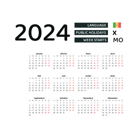 Calendar 2024 french language with senegal public holidays week starts from monday graphic design vector illustration Фото со стока