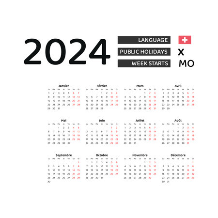 Calendar 2024 french language with switzerland public holidays week starts from monday graphic design vector illustration Фото со стока