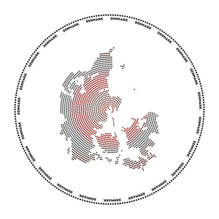 Denmark round logo. digital style shape of denmark in dotted circle with country name. tech icon of the country with gradiented dots. artistic vector illustration.