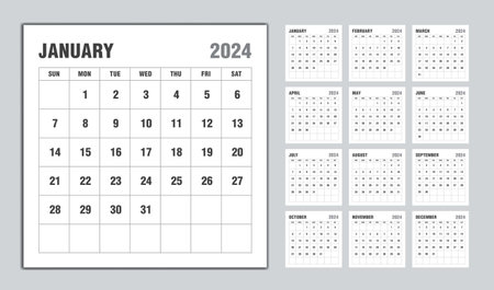 Calendar 2024 year black design monthly calendar template for 2024 year week starts on sunday minimalist wall calendar 2024 template planner business template vector