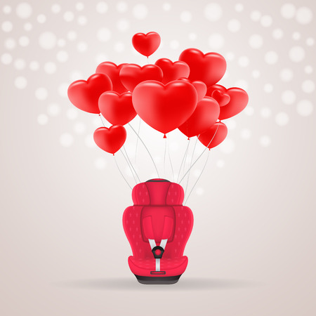 Red Child Car Seat With Red Baloons In Shape Of Heart Isolated On A Background. Vector Illustration. Products For Children Vector Illustration