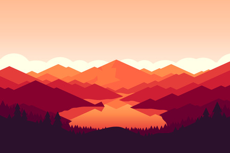 Sunset landscape vector: núi Vector và cảnh quan rừng đầu vào hoàng hôn. Đẹp minh họa hình học.