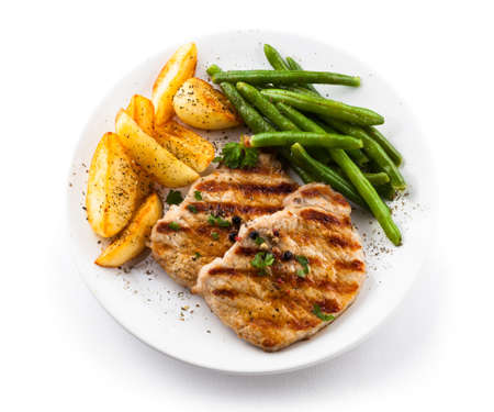 grilled pork: Steaks nướng, khoai tây nướng và rau