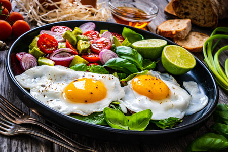 Oeufs ensoleillés avec avocat, tomates cerises, pain grillé et oignon rouge sur table en bois