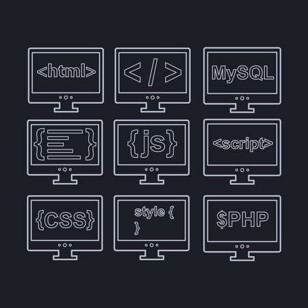 ウェブ開発のアイコン Html Css タグ Mysql 曲線 Php スクリプト スタイル Javascript 黒の背景に白のベクトル コレクションのイラスト素材 ベクタ Image