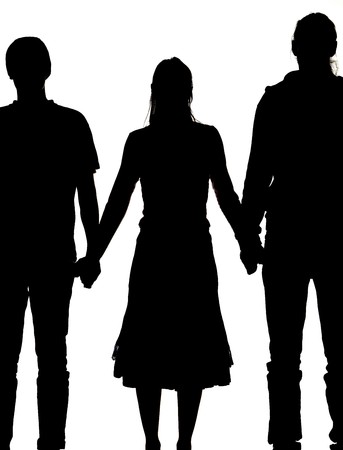 silhouette of a woman and two men holding hands stock photo picture