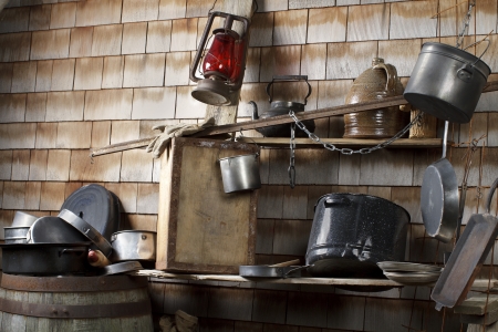 traditional outdoor cowboy kitchen with battered cookware jug lantern rough plank shelves - Cowboy Kitchen traditional outdoor cowboy kitchen with battered cookware jug lantern rough plank shelves - Cowboy Kitchen