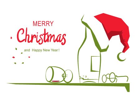 Christmas greeting card with text. Vector cartoon illustration of holiday table with alcohol and Santa hat isolated on white.