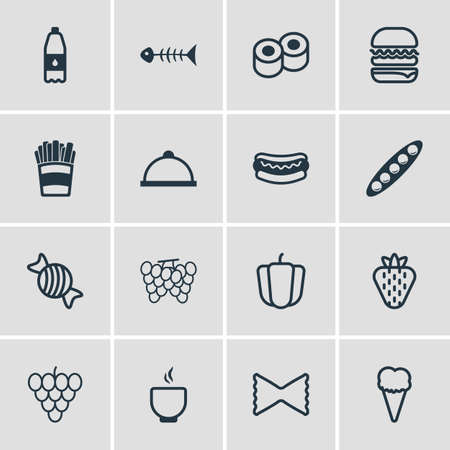 16 料理アイコンのベクター イラストです 甘いベリー ポテト ドリンク ボトル その他の要素の編集可能なパック のイラスト素材 ベクタ Image