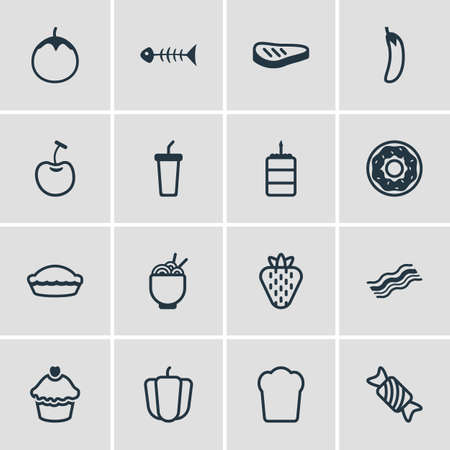 16 食事アイコンのベクター イラストです ベリーの種類 お菓子 ペストリー要素の編集可能なパック のイラスト素材 ベクタ Image