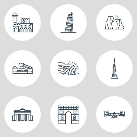 Vector illustration of 9 history icons line style. editable set of arc de triomphe, the grand canyon, niagara falls icon elements.