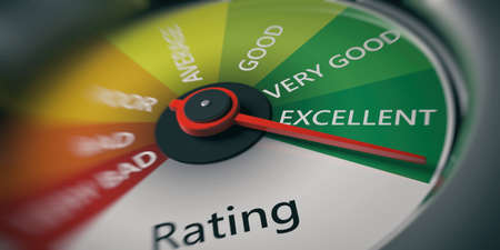 Rating, customer feedback concept. car speedometer, excellent rating close up. 3d illustration Stock Photo