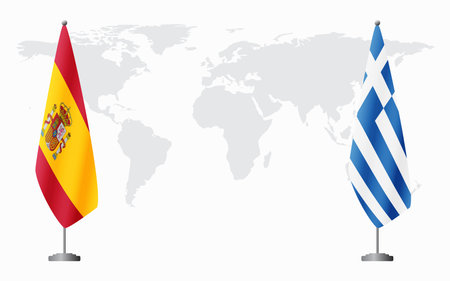 Spain and greece flags for official meeting against background of world map