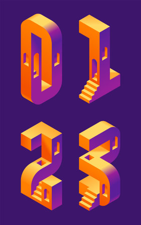 Vector font set made in 3d isometric shape with stairs and windows Ilustrações vetoriais