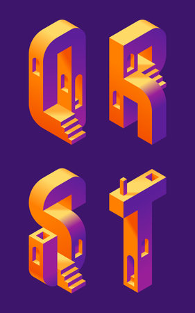 Vector font set made in 3d isometric shape with stairs and windows